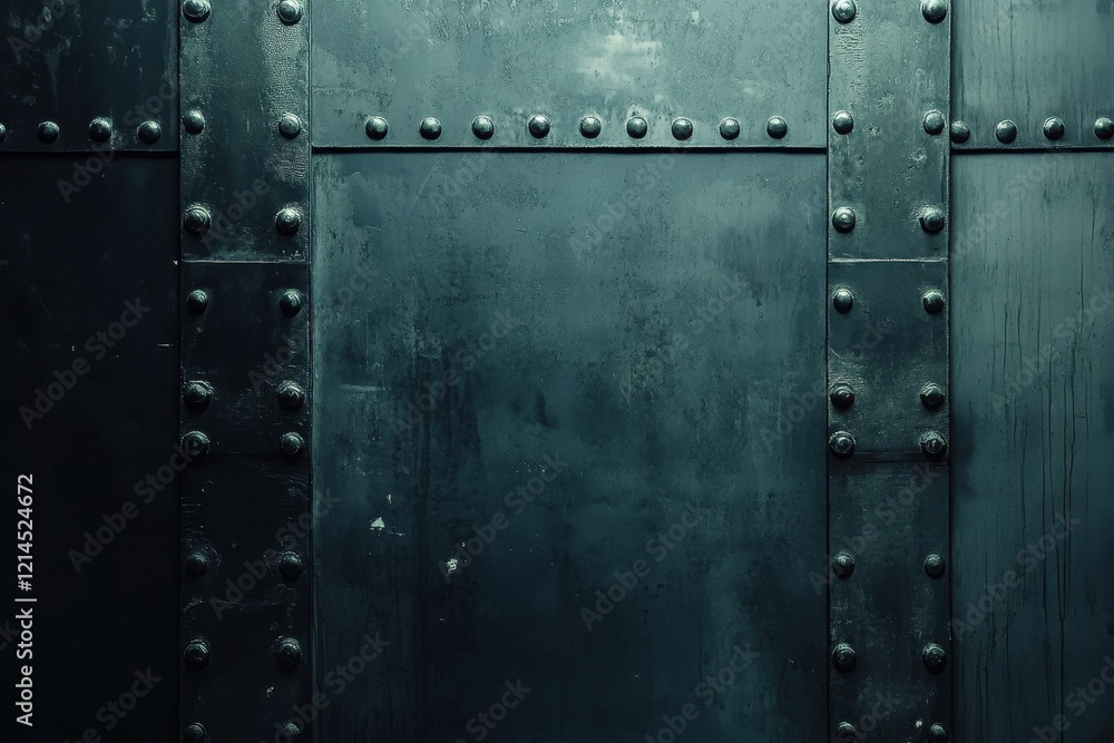 Fototapeta premium Dark Metallic Wall with Rivets and Smooth Texture Exhibiting Industrial Aesthetic Ideal for Backgrounds in Graphic Design and Artistic Projects