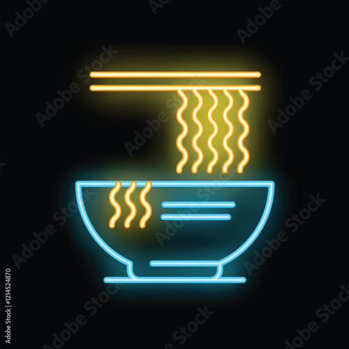 Neon sign showing chopsticks holding steaming hot noodles over bowl