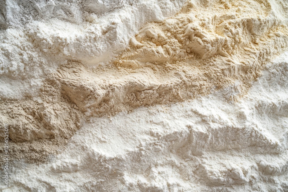 Obraz premium Piles of different flour types on grey table, top view.