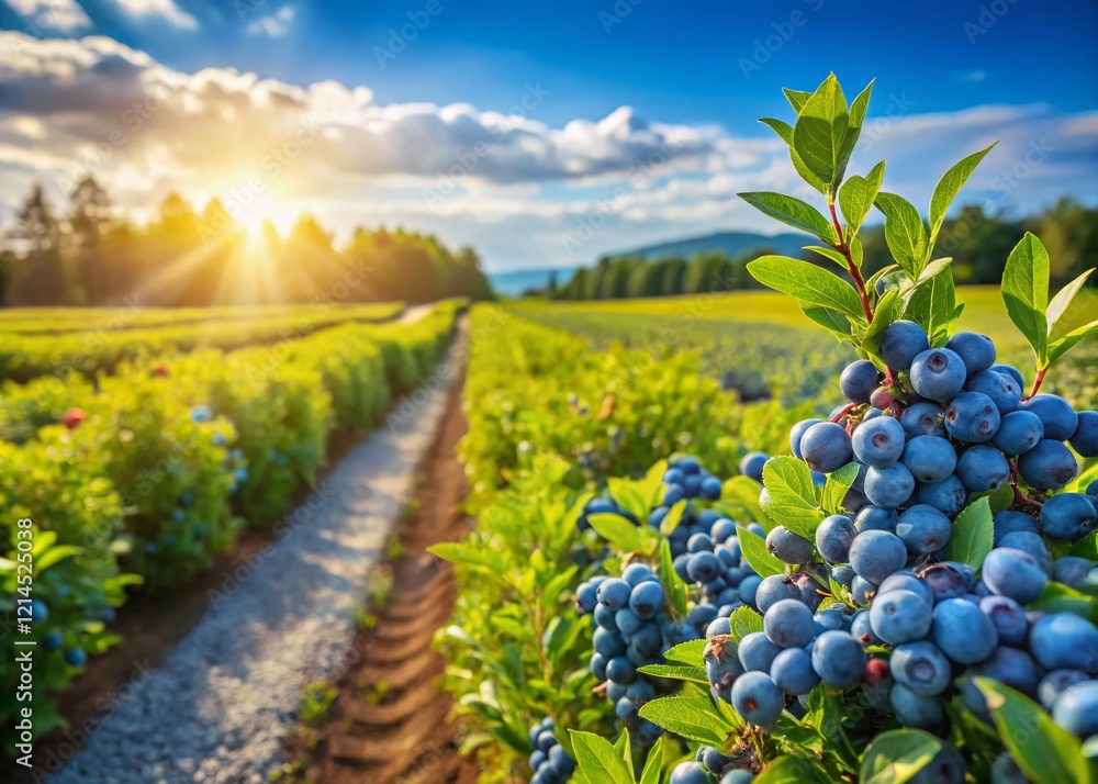 Fototapeta premium Ontario Blueberry Farm Landscape: Rows of Ripe Blueberries Under Sunny Skies