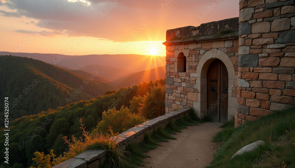 Obraz premium Majestic Sunset Over Mountainous Landscape with Stone Castle