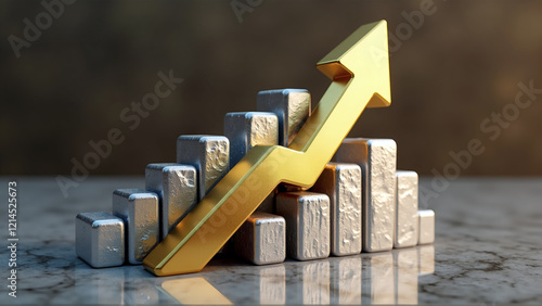 Silver ingots forming a stock market graph with a shiny gold arrow going up representing the increase in value of precious metals, business trading and investment background