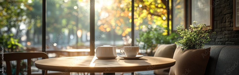 Obraz premium A cozy cafe corner with warm light and modern furniture, ideal for interior design, lifestyle, and hospitality themes.