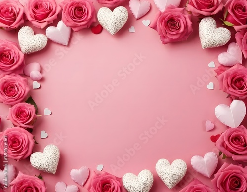pink background featuring a Valentine's Day theme. Include elements like soft glowing hearts, roses, and romantic motifs such as Cupid's arrows, gift boxes, and love letters. The design should evoke a