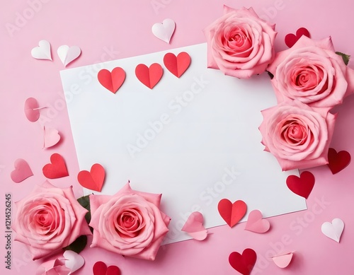pink background featuring a Valentine's Day theme. Include elements like soft glowing hearts, roses, and romantic motifs such as Cupid's arrows, gift boxes, and love letters. The design should evoke a