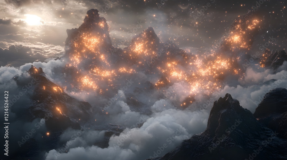 Naklejka premium Magical Glowing Mountains Fantasy Landscape Aerial View