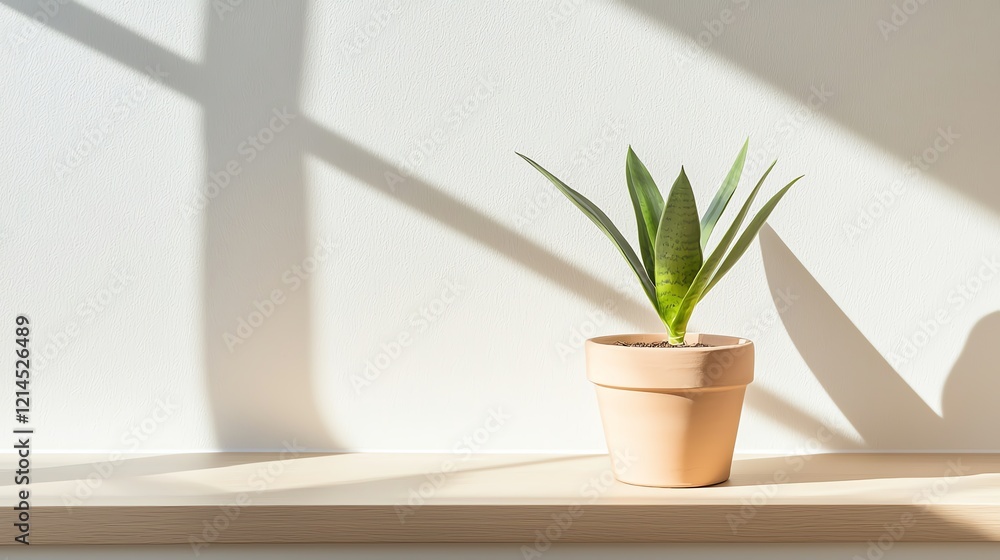 Fototapeta premium Sunlit potted plant on a shelf, displaying vibrant green leaves casting shadows on a minimalist white background.