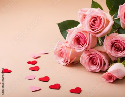 pink background featuring a Valentine's Day theme. Include elements like soft glowing hearts, roses, and romantic motifs such as Cupid's arrows, gift boxes, and love letters. The design should evoke a