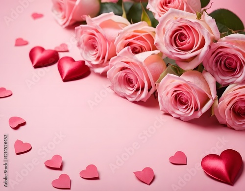 pink background featuring a Valentine's Day theme. Include elements like soft glowing hearts, roses, and romantic motifs such as Cupid's arrows, gift boxes, and love letters. The design should evoke a