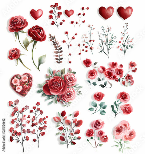 Wallpaper Mural Floral arrangements with red roses, hearts, and delicate branches create romantic vibe Torontodigital.ca