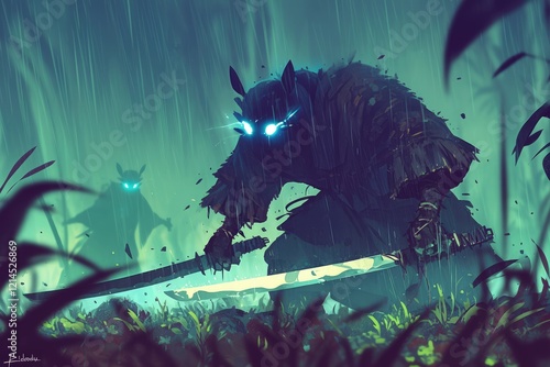 Mystical Warrior With Glowing Eyes Holds Sword In Rain photo