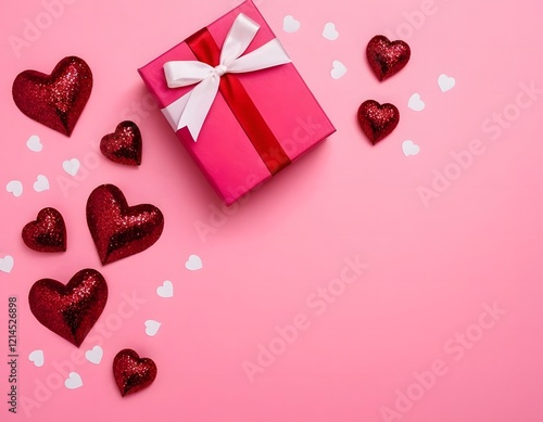 pink background featuring a Valentine's Day theme. Include elements like soft glowing hearts, roses, and romantic motifs such as Cupid's arrows, gift boxes, and love letters. The design should evoke a