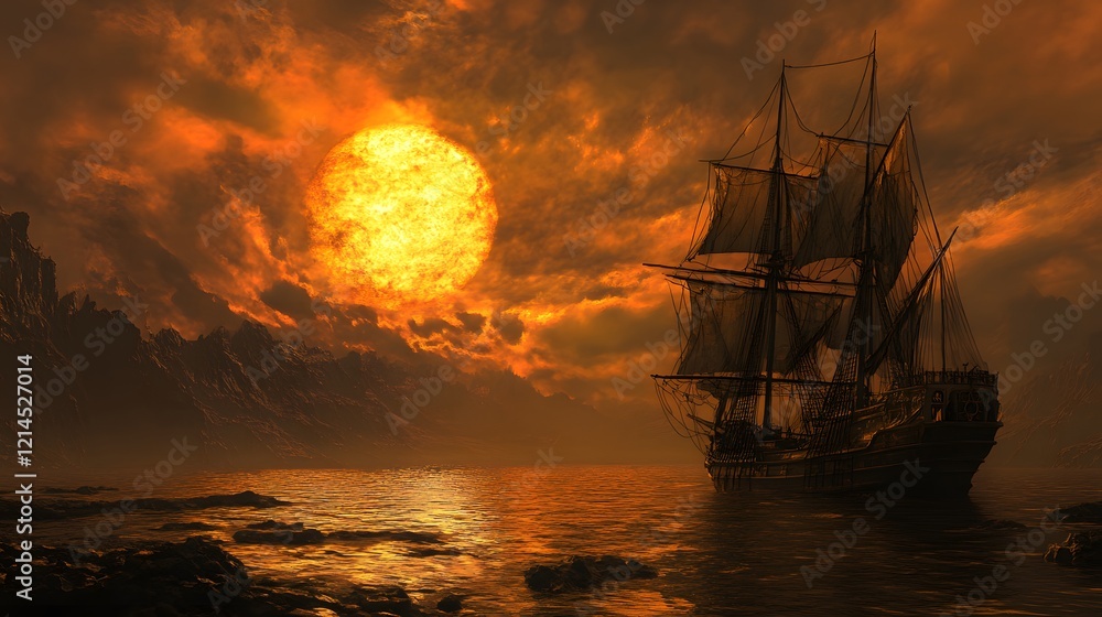 Obraz premium Sunset Sailboat Fantasy Landscape Dramatic Ocean Scene