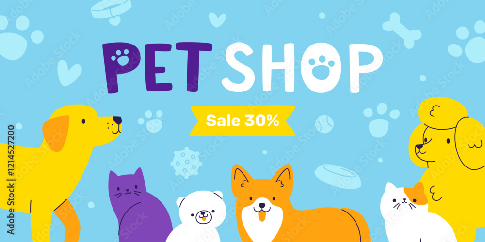 Fototapeta premium Pet shop banner template with cats and dogs. Vector cartoon poster with cute pets.