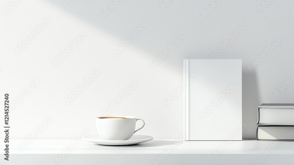 Minimalist scene with a white coffee cup, books, and soft lighting on a white surface. Perfect for a calm workspace vibe. Minimalist scene with a white coffee cup, books, and soft lighting on a white surface. Perfect for a calm workspace vibe.