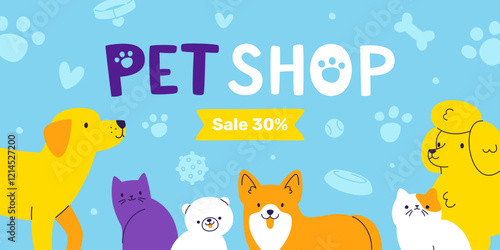 Pet shop banner template with cats and dogs. Vector cartoon poster with cute pets.