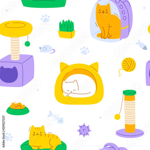 Cute pattern with cats and accessories. Seamless vector print with kitten and supplies.