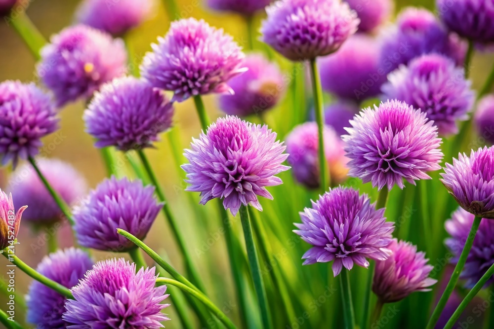 Overhead View of Blooming Chives, Purple Flowers, Culinary Herbs, Garden Fresh, Springtime Overhead View of Blooming Chives, Purple Flowers, Culinary Herbs, Garden Fresh, Springtime