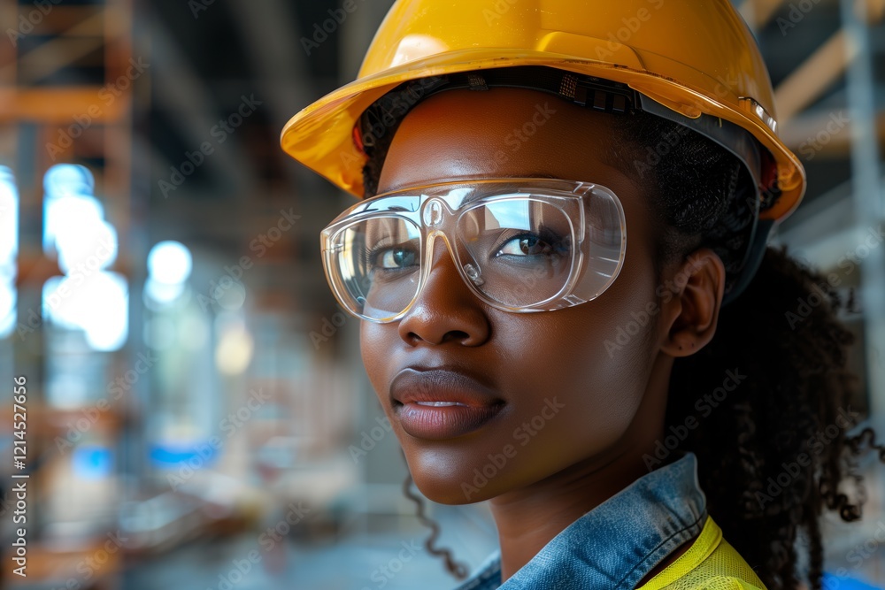 Confident female worker in protective gear at a construction site. Confident female worker in protective gear at a construction site.