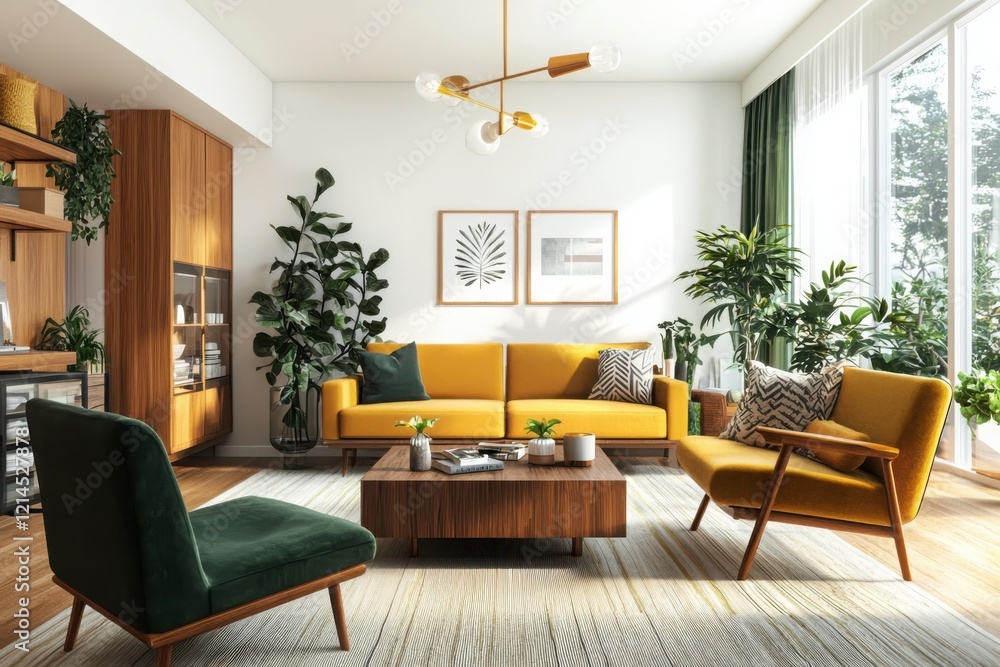 Midcentury modern living room design home interior visual art cozy environment interior perspective earthy tones and iconic furniture Midcentury modern living room design home interior visual art cozy environment interior perspective earthy tones and iconic furniture