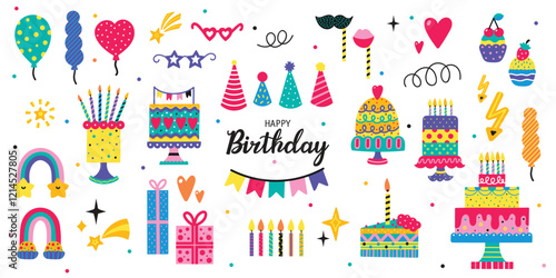 Happy Birthday doodle set. Sketch party decoration, gift box, cake, party. Hand drawn elements. Vector silhouette illustration