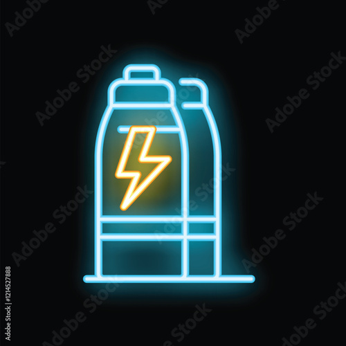 Glowing neon line energy drink bottle icon isolated on black background, vector illustration
