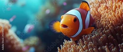 Clownfish in anemone, ocean reef background, wildlife