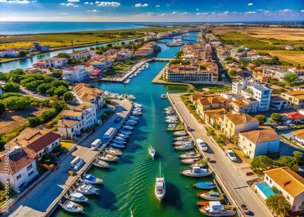 Fototapeta premium Palavas-les-Flots Aerial: Canal, Marina, Beach & Coastal Landscape from Transcanal Cable Lift - September 2024