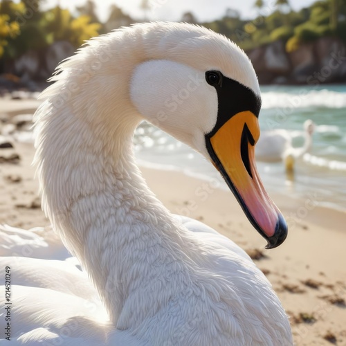 Close-up of white swan with vibrant yellow beak in a picturesque beach scene, dreamy, picturesque photo