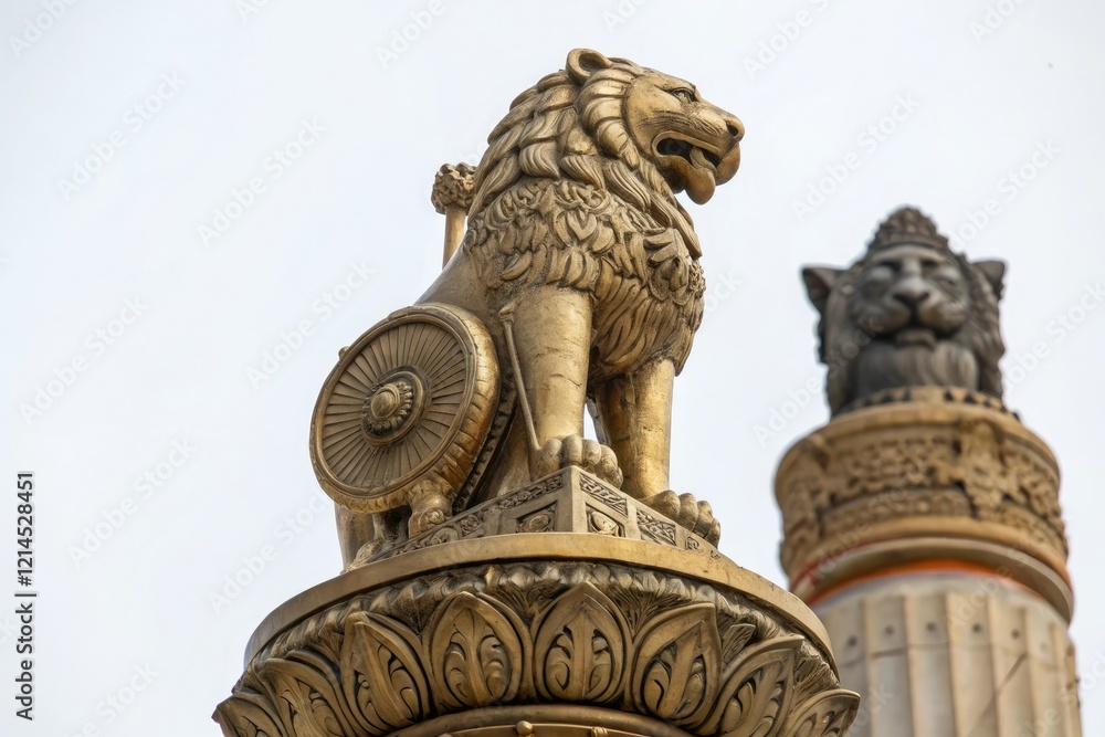 Fototapeta premium Close-up shot of a brass statue of the Ashoka Stambha with intricate details, cultural heritage, craftsmanship, fine art, detailed view