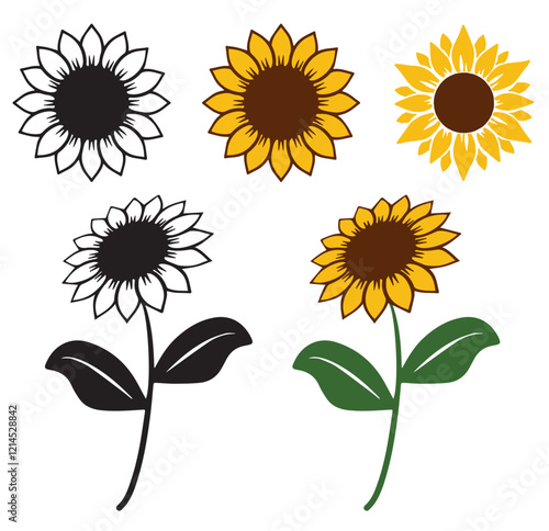 Sunflower set, Sunflower monogram frame. Vector Illustration isolated on white background.