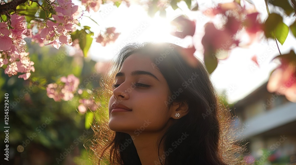 Fototapeta premium Serene Woman Inhaling Blossoms: A Portrait of Tranquility Under the Sunlit Pink Bougainvillea