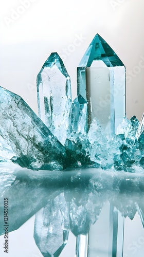 Artistic Arrangement of Aqua Hued Crystals on a Reflective Surface photo