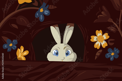 Gentle White Rabbit Peeking Curiously from Flower-Framed Burrow with Expressive Blue Eyes