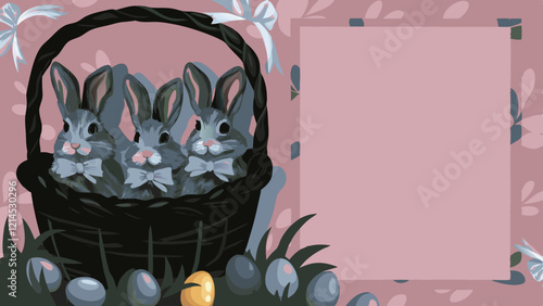 Three Gray Bunnies Nestled in Easter Basket Surrounded by Colorful Eggs