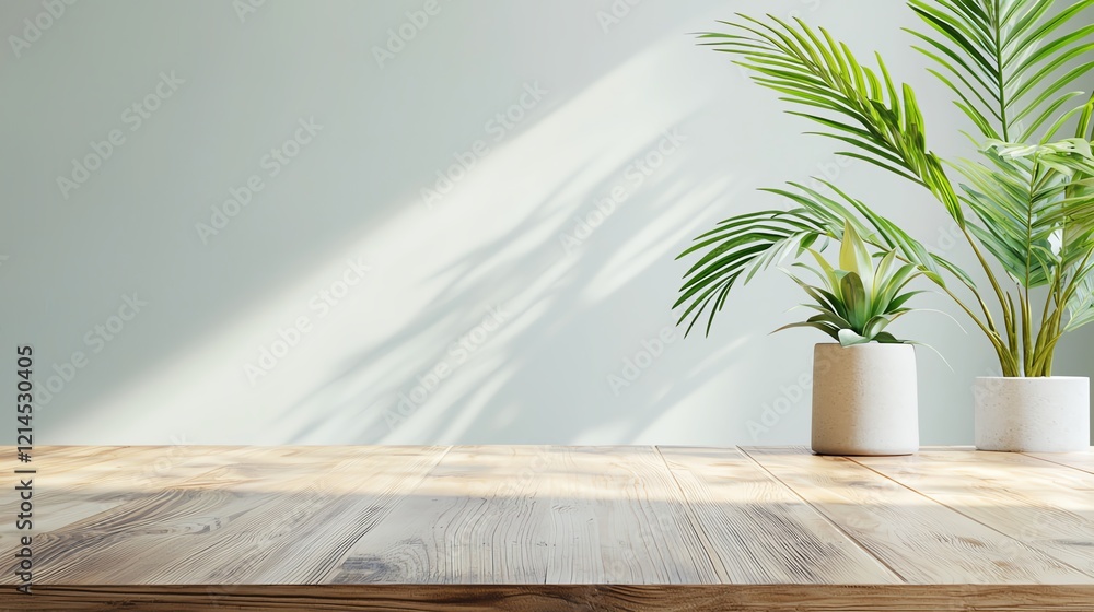 Sunlight casts shadows of potted plants on a wooden table against a minimalist light gray wall, creating a serene and natural ambiance. Sunlight casts shadows of potted plants on a wooden table against a minimalist light gray wall, creating a serene and natural ambiance.