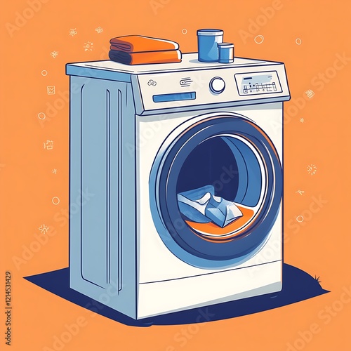 Cartoon washing machine with clothes photo