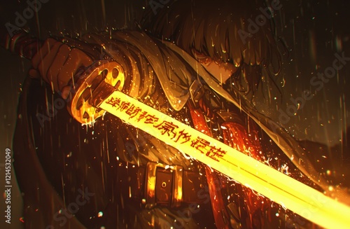 Glowing Sword Wielder In Rain Anime Art photo