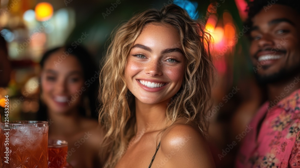 Smiling Woman at a Tropical Bar with Friends Smiling Woman at a Tropical Bar with Friends