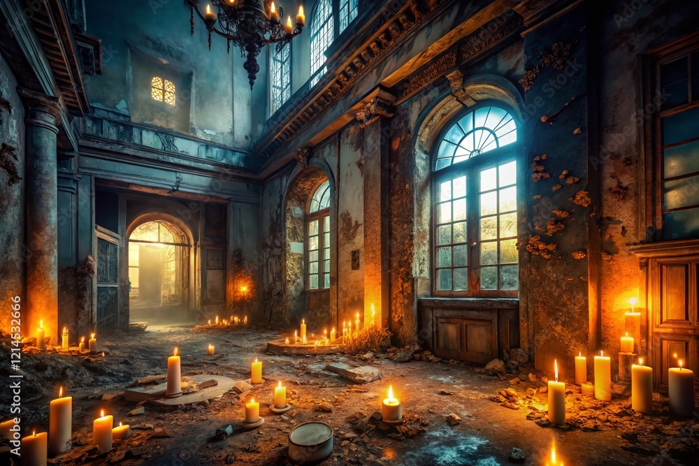Abandoned Building Night Photography: Glowing Candles in Dark Room Abandoned Building Night Photography: Glowing Candles in Dark Room