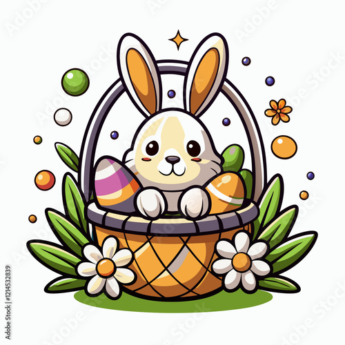 Adorable Easter Bunny Nestled in Colorful Egg-Filled Basket with Springtime Flowers