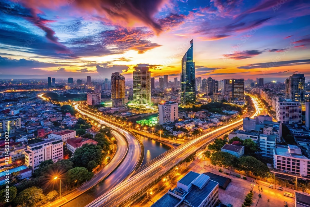 Panoramic Drone View of Ho Chi Minh City at Twilight - Long Exposure Cityscape Panoramic Drone View of Ho Chi Minh City at Twilight - Long Exposure Cityscape