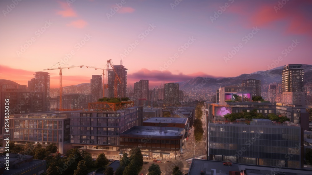 Fototapeta premium Cityscape at Dusk: A breathtaking panoramic view of a modern city skyline at dusk, with construction cranes silhouetted against a vibrant sunset.