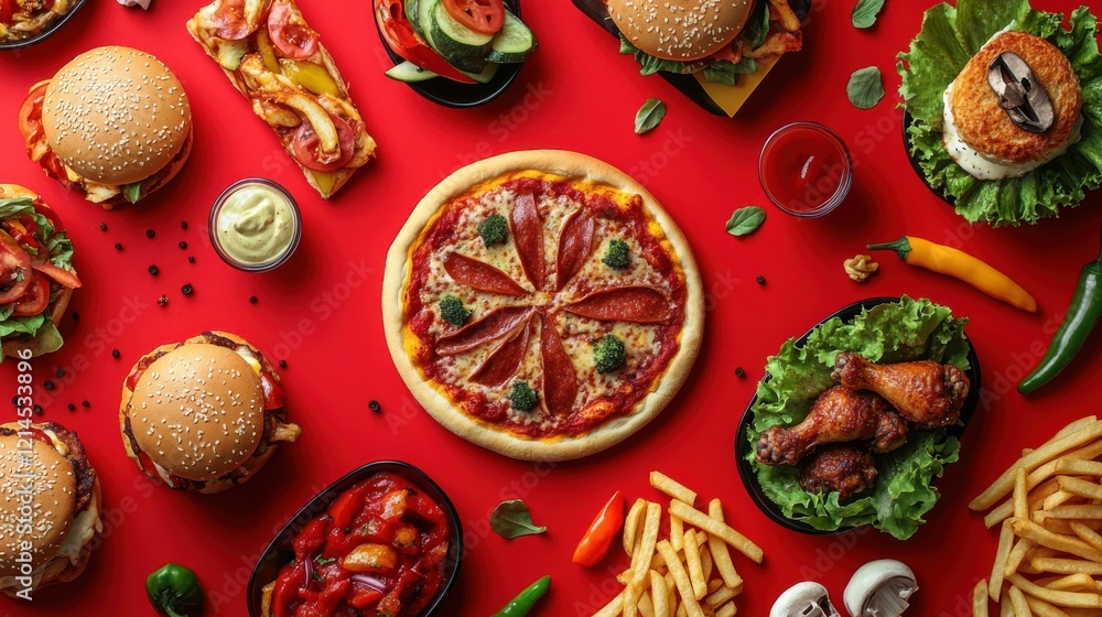 Fototapeta premium A vibrant arrangement of burgers, pizza, fries, and chicken wings on a red background, showcasing a variety of delicious fast food options.
