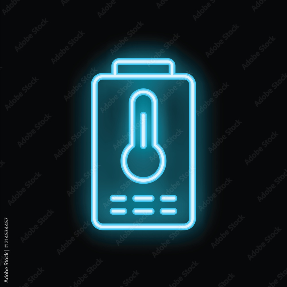 Glowing blue neon icon of a boiler with a temperature control panel on a black background Glowing blue neon icon of a boiler with a temperature control panel on a black background
