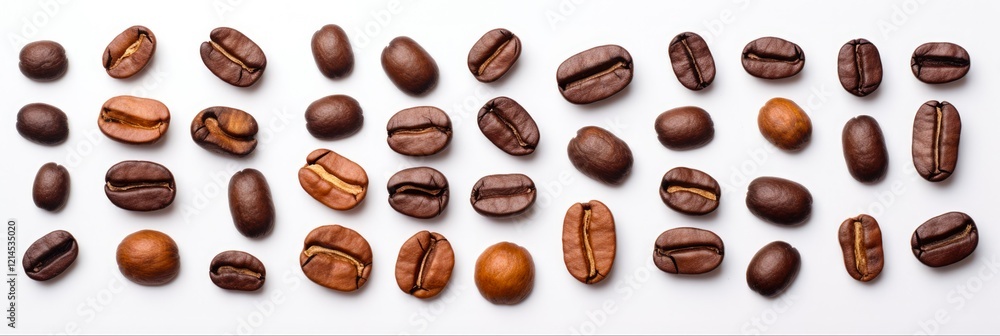 Obraz premium Isolated Coffee Beans Heap on White Background. Topview of Freshly Roasted Dark Beans, Natural Food Concept