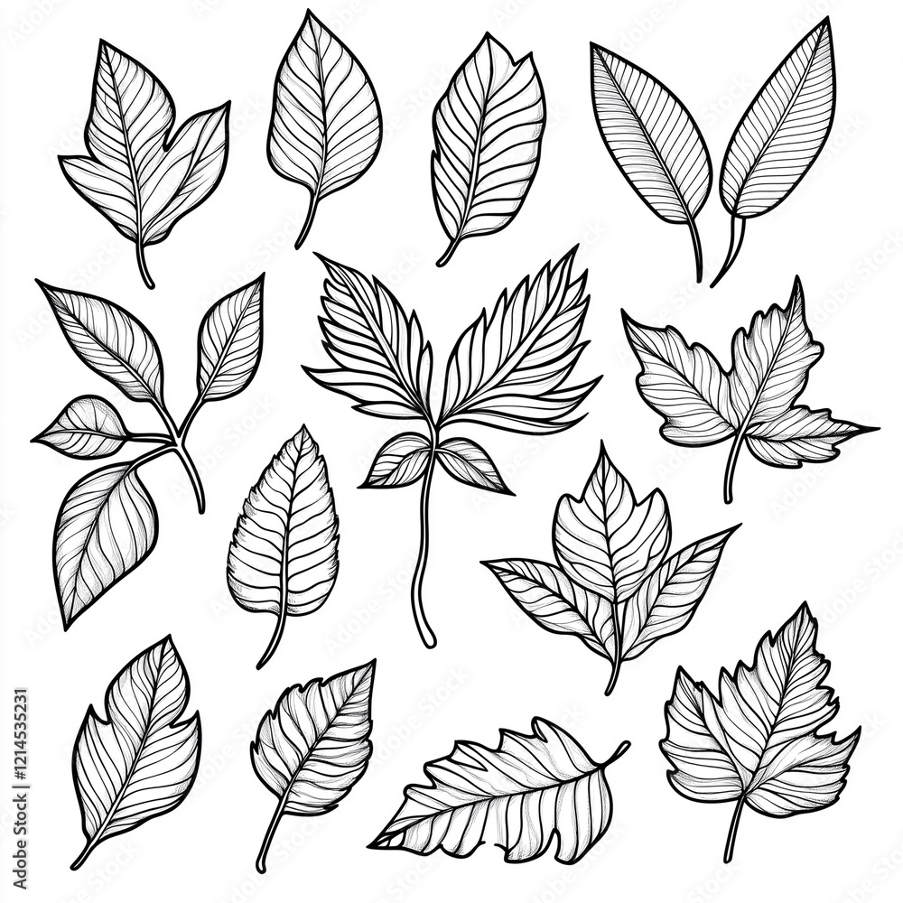 Fototapeta premium Doodle leaves clipart. Isolated leaf coloring template. Decorative botanical abstract elements. Outline nature, forest, tree details, foliage black and white set