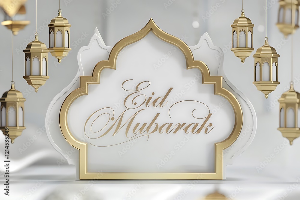 Naklejka premium Elegant Eid Mubarak Greeting with Hanging Lanterns,Islamic lantern,Mosque and Star background,Ramadan Kareem,Eid al fitr,Eid al Adha,Happy Muharram,empty for text