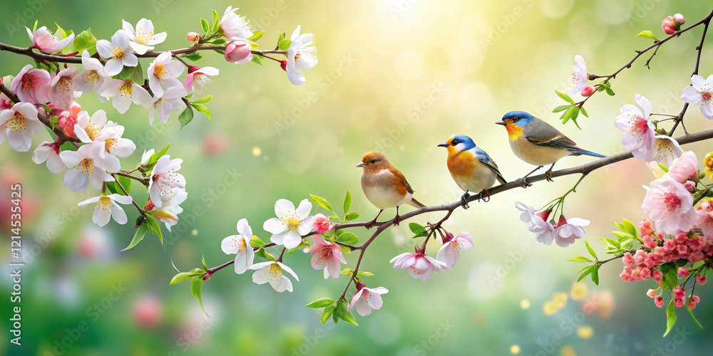 Three brightly colored birds in spring on pink flowering branches.