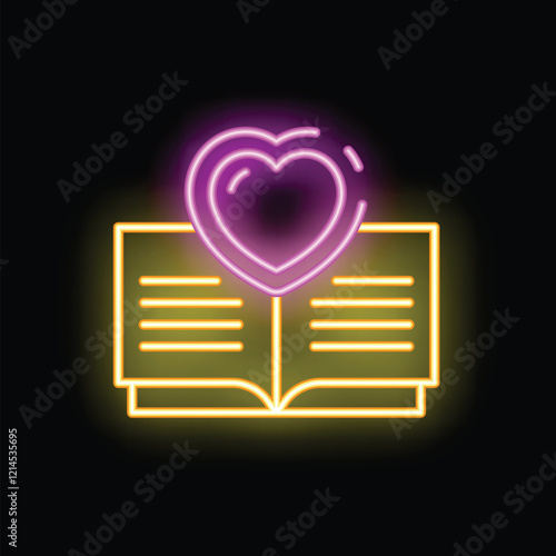 Neon sign icon of an open book with a glowing heart hovering above it, symbolizing the love for reading